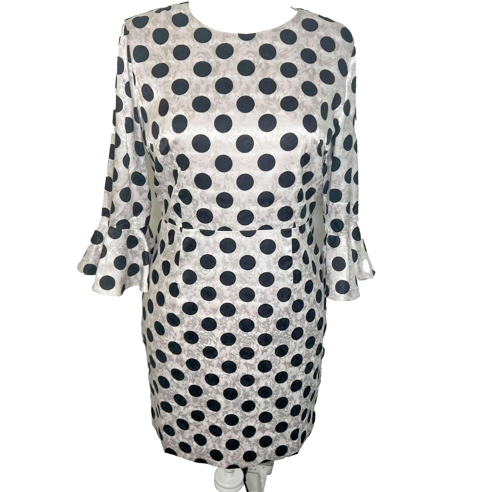 Polka Dot Silk Jacquard Dress Vtg White Black Retro Rockabilly 50s Whimsical‎